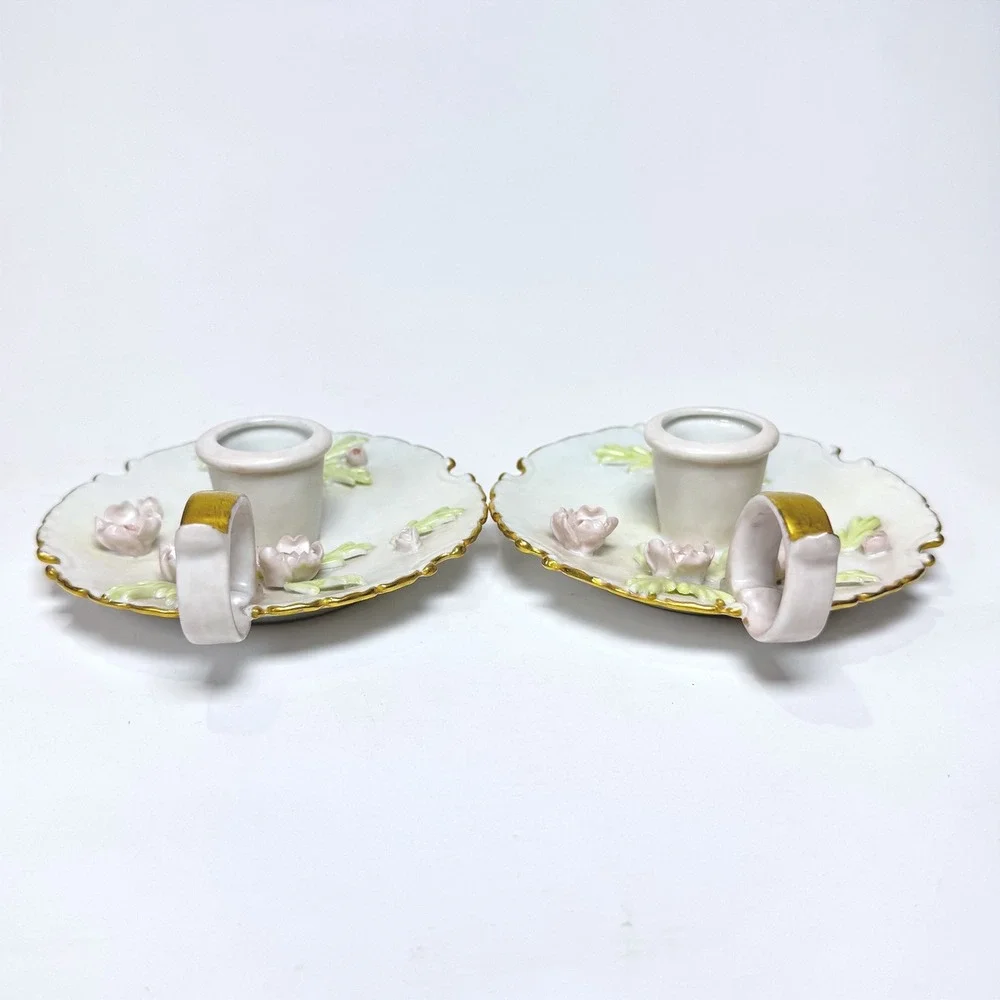 Vintage Lefton Porcelain Pink Rose Chamberstick Candle Holder Pair Gold Trim
